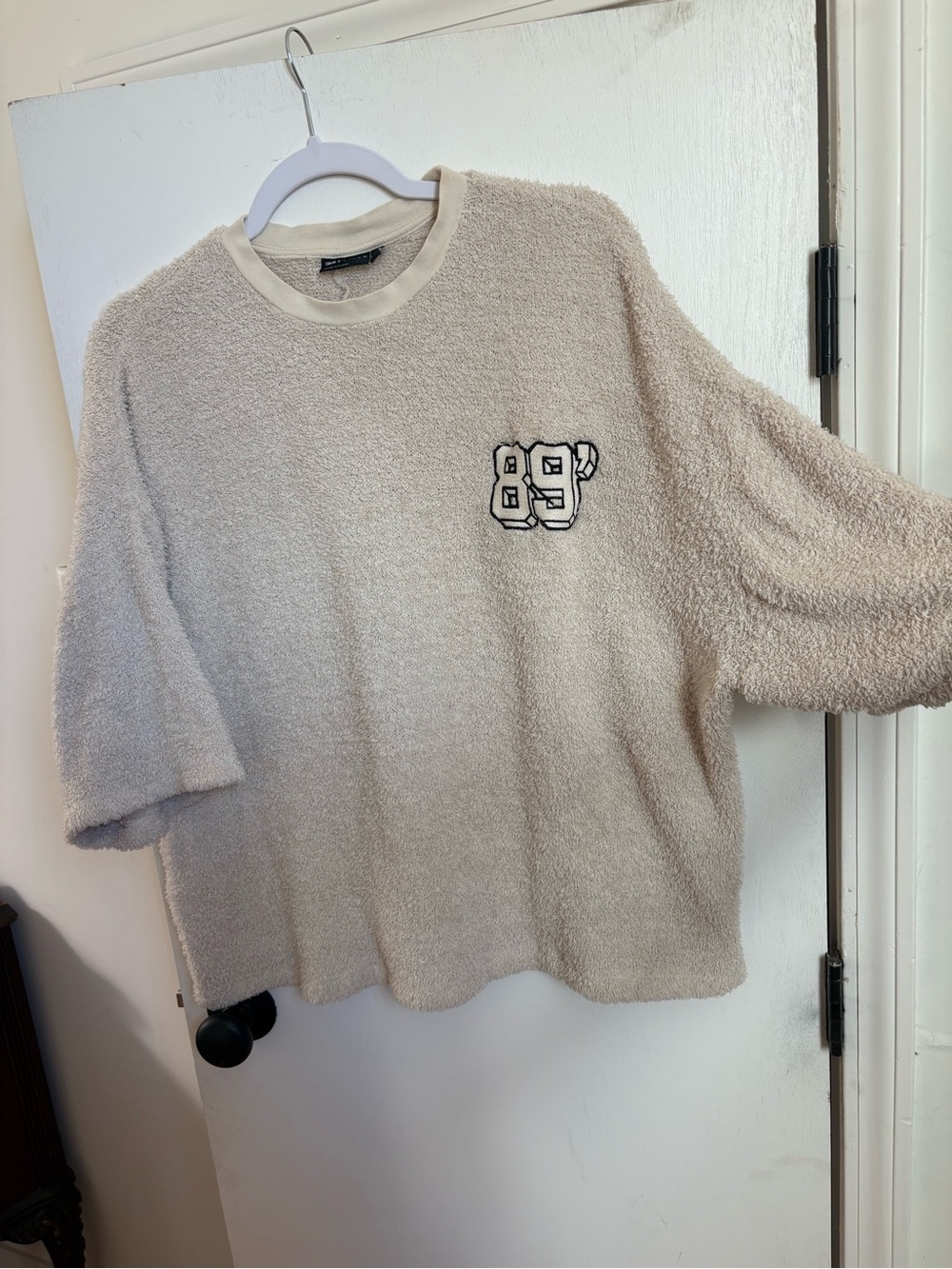 ASOS Cream Bouclé Crewneck Sweater with '89' Patch